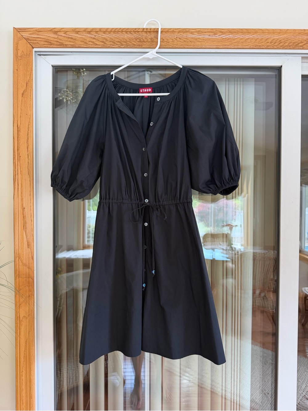 STAUD Black Puff-Sleeve Midi Dress